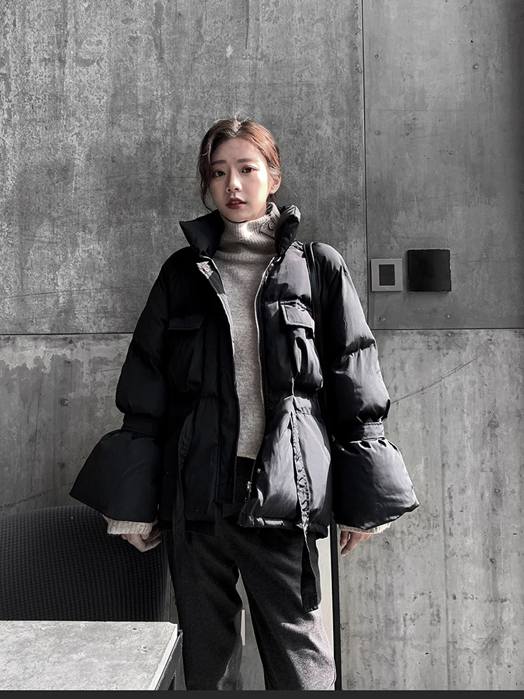 Woherb зимняя куртка женская Harajuku Стеганое пальто мода женский воротник-стойка парка теплое пальто пузырь пальто куртки-пуховики - Цвет: Черный