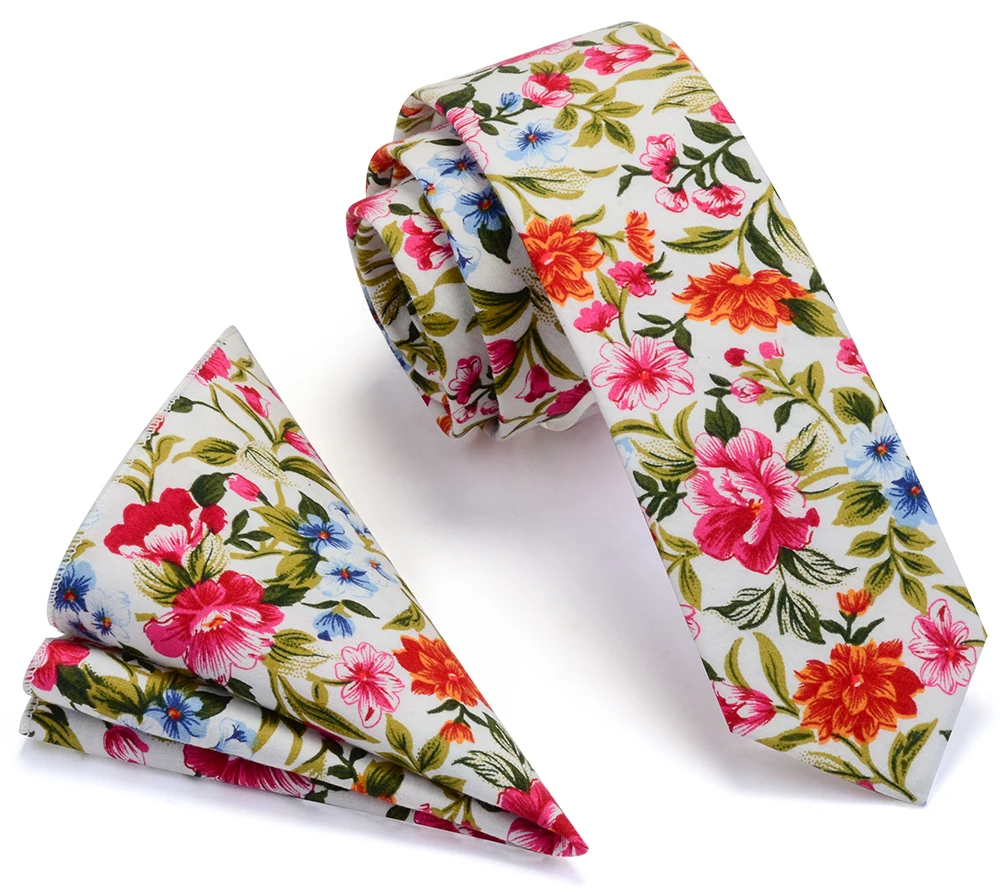 Cotton 6cm Slim Pocket Square Necktie Set Red Bule Floral Print Handkerchief Ties Set For Men Party Skinny Neck Tie Ricnais