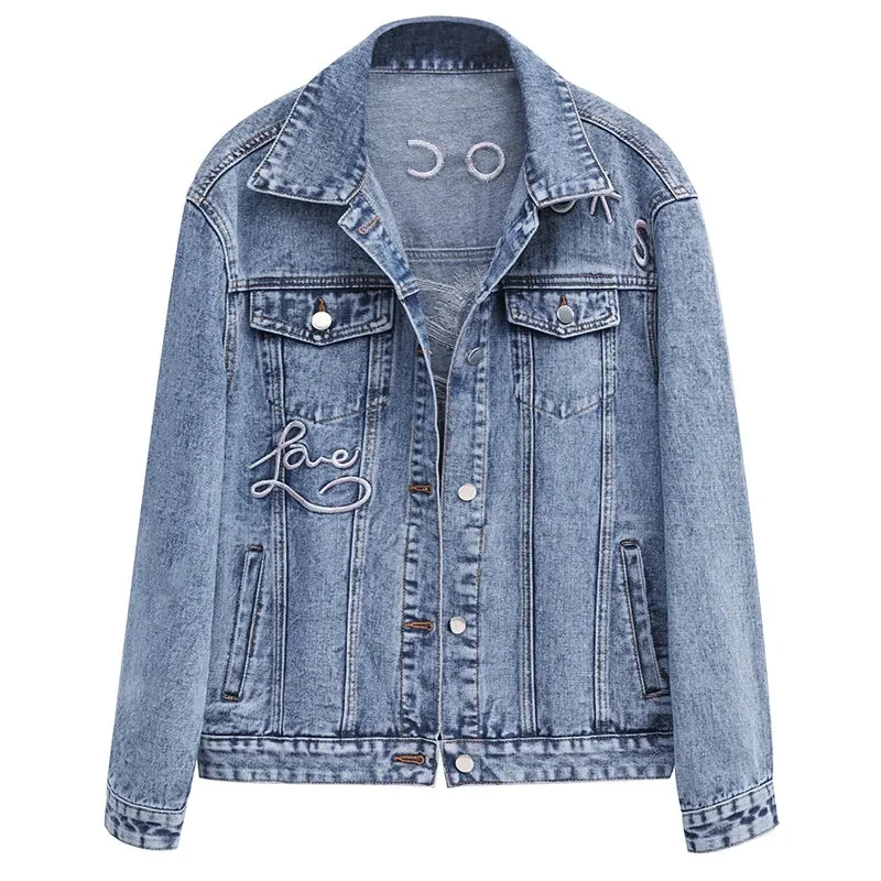 Female thin Denim Jacket 2022 Spring Autumn New Korean Embroidered Letter Coat Women Loose Fashion Wild Casual Short TrendA148