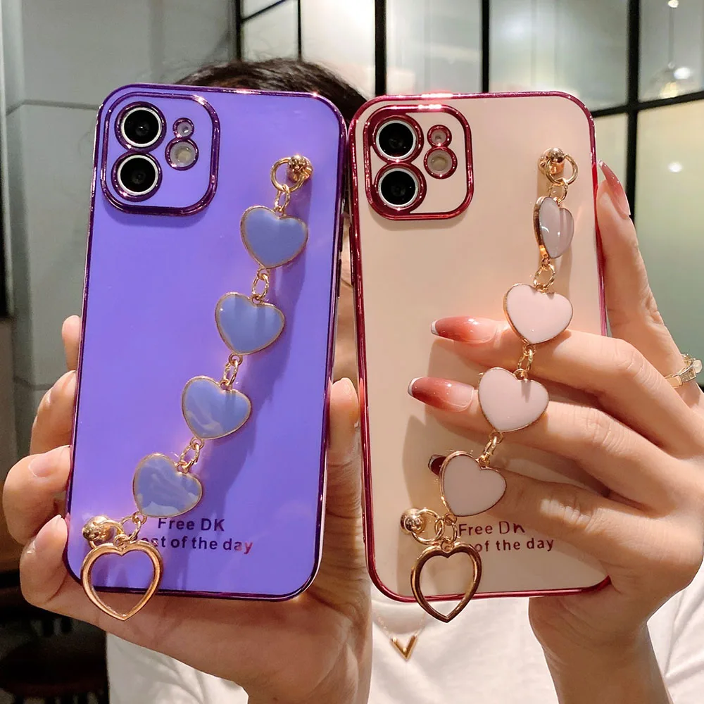 Luxury Plated Gold 6D Electroplated Chain Case for Samsung A51 A71 A10 A20S A10S A50 A90 A6Plus Love Heart Gem Bracelet Cover | Мобильные