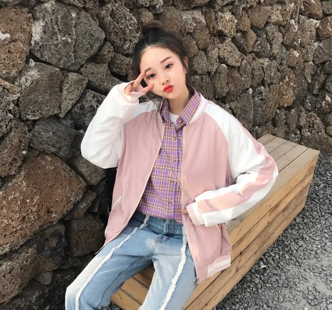 

Photo Shoot 2019 Spring New Style WOMEN'S Dress Korean-style BF Joint Contrast Color Jacket Baseball Uniform Coat Women's