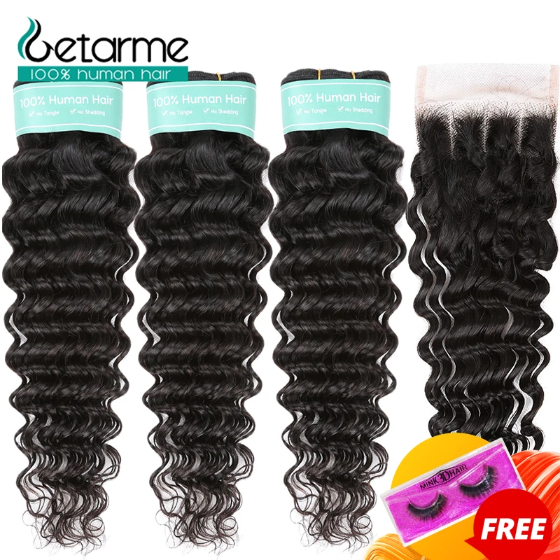 

Peruvian Deep Wave Hair 3 Bundles With 4x4 Lace Closure Remy Human Hair Bundles With Closure Free/Middle/Three Part Lace Closure