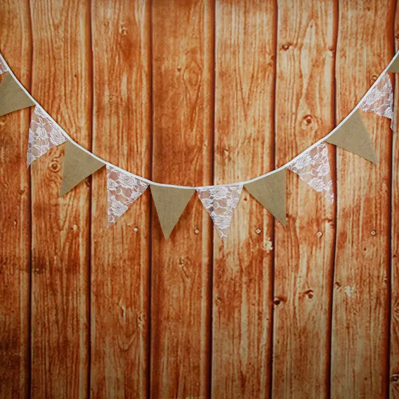 New-Linen Burlap Fabric Bunting Banner Lace Flowers Flag Pennant Banner Wedding Party Cafe Decor