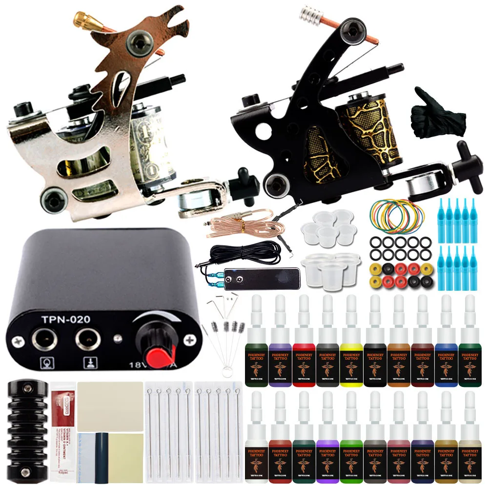  Beginner Tattoo Kit 2 Coils Guns Set 20 Colors Pigment Inks Set mini Power Permanent Makeup Body Ar