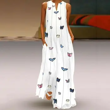 

Summer New Large Size Women Locating Butterfly Print Dress Floral Printed Flower Retro Round Neck Sleeveless Loose Large Size