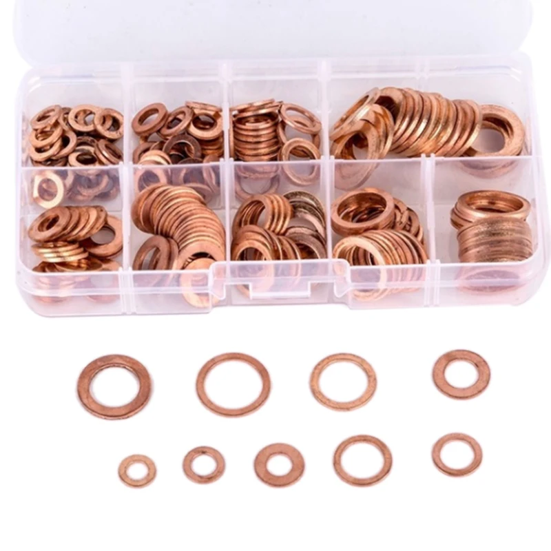 

200pcs M5-M14 Box-packed Durable Copper Hardware Oil Seal Fitting Ring Seal Gasket Set Washer Flat Washer Fastener