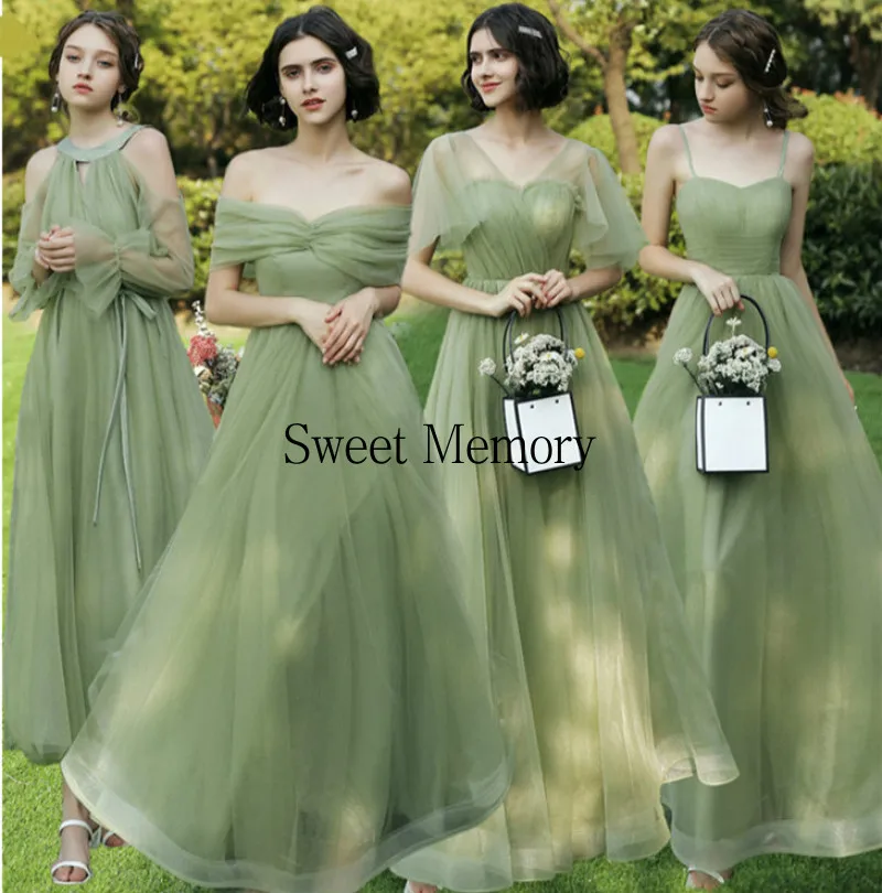 Vestidos Modernos Para Damas De Honor Junior De Longitud Té Con Falda AsiméTrica Verde main image 1