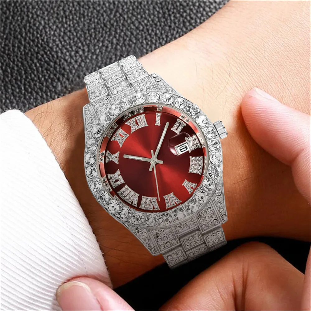 Iced Out Cubic Zirconia Watches Blue Face Hip Hop Fashion High Quality AAA Diamond Bracelet Stainless Steel Quartz Watch For Men