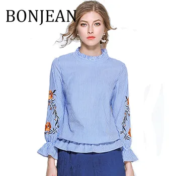 

BONJEAN Striped Shirt for Women 2020 Autumn Tops and Tees Butterfly Sleeve Blue T Shirt Stand Collar Embroidery Shirt BJ1451