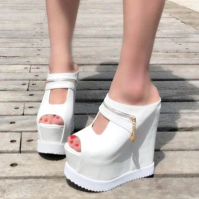 Женские босоножки на очень высоком каблуке 15 см и танкетке; женская летняя пляжная обувь с открытым носком - Цвет: Белый