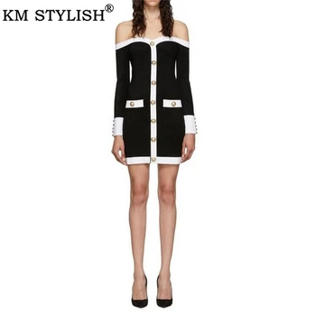 

Women's Viscose Black and White Contrast Dress 2019 Fall/Winter Knitted Metal Buckle Transparent Yarn Elegant Slim Fit Dress