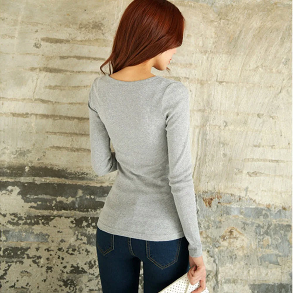 Fashion Women Button V-Neck Long Sleeve Sweater Tops Blouse Solid Color Casual Skin-fashion Women Pullover Knitted Jumper