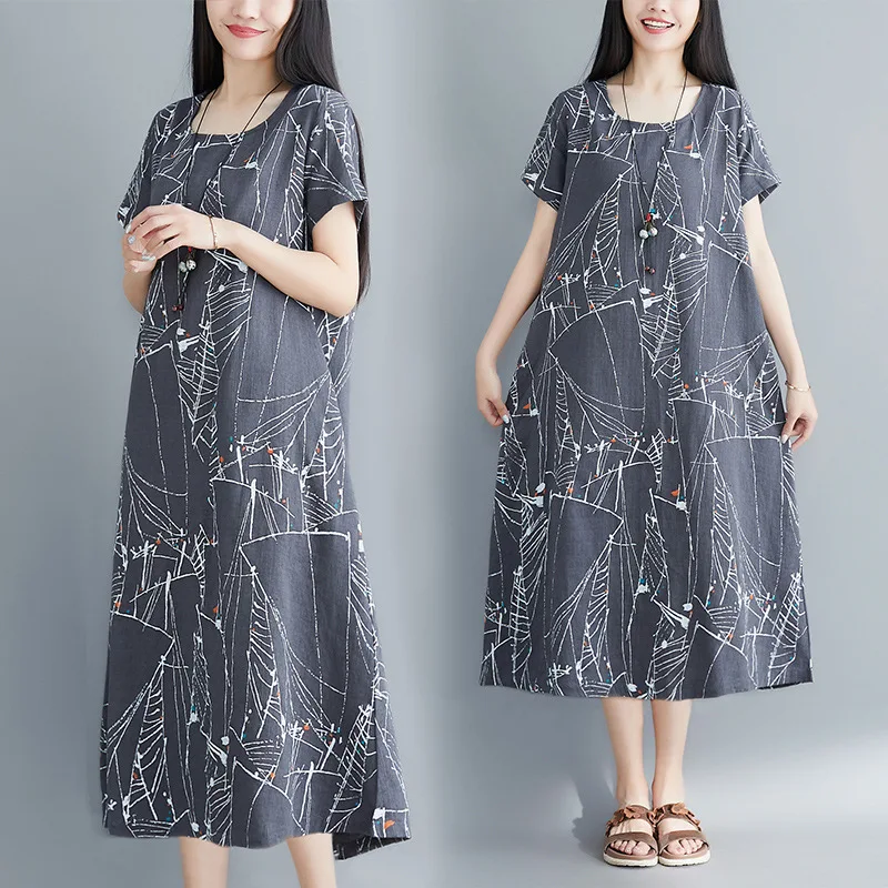 

2019 Summer New Style Cover Belly Large Size Dress Crew Neck Western Style Cotton Linen Short-sleeve Dress Women's