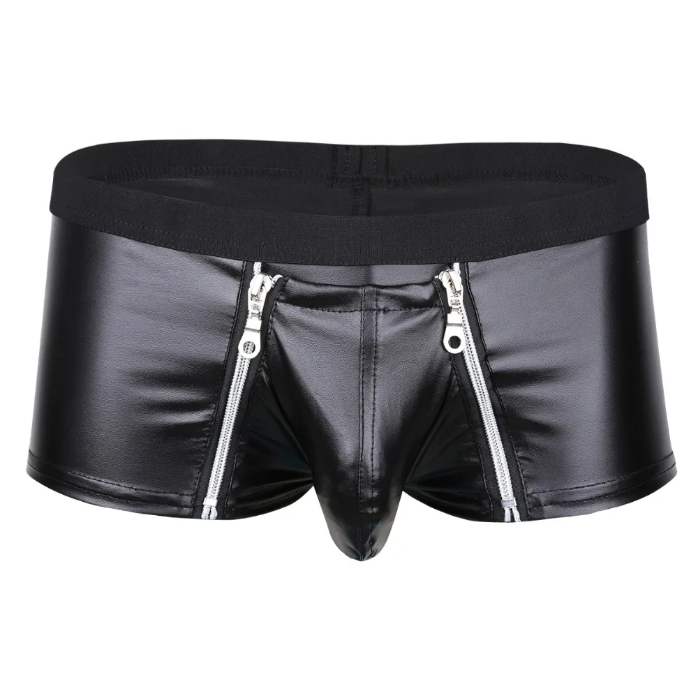 Mens Sexy Lingerie Latex Panties Modal Leather Zipper Pouch Exotic Costume for Sex Boxer Briefs Male Exotic Gay Underwear