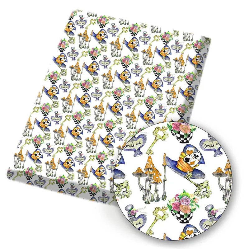 

45*150cm Cartoon Poker Clock Key Printing Polyester Cotton Fabric DIY Sewing Bag Hair Accessories Material Cute Hat Mushroom