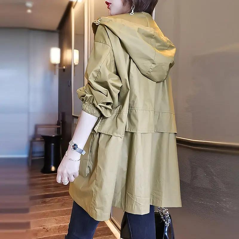 Trench Coat Women Pure Cotton Windbreaker Mid-Length 2025 Spring Autumn New Loose Casual Femme Hooded Zipper Jacket