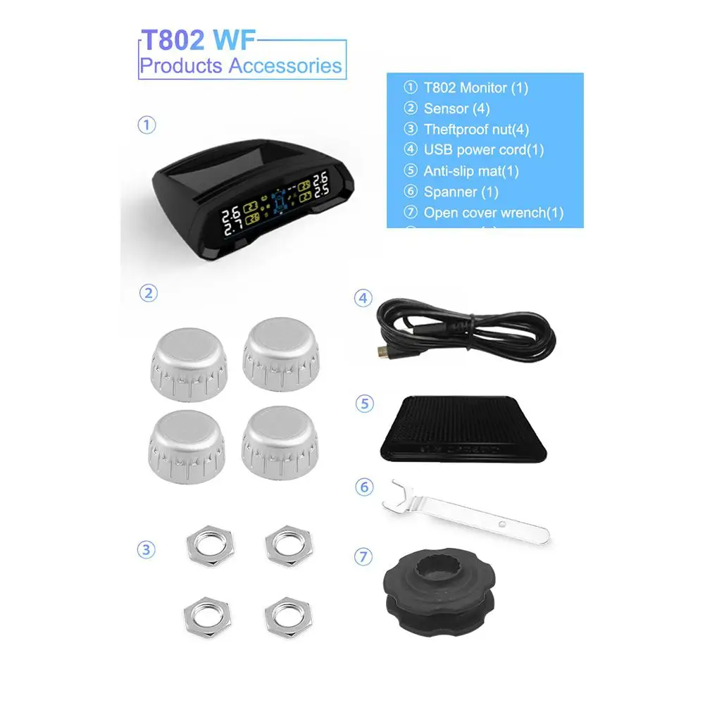 Kuulee T802 беспроводной TPMS датчик давления в шинах встроенный инструмент система мониторинга USB Солнечная энергия автомобильный монитор давления в шинах