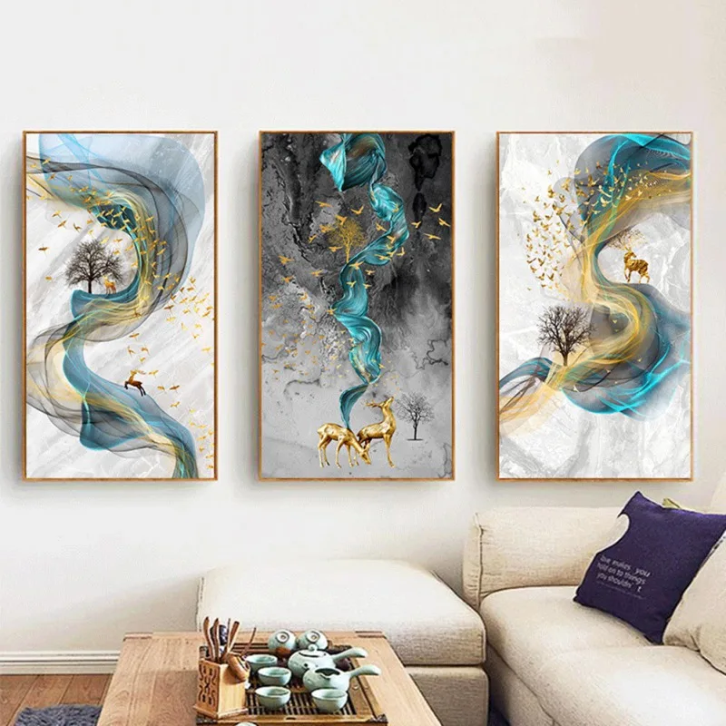 

Modern Abstract Golden Deer Paintings Wall Pictures Canvas Painting Blue Poster Print Wall Art For Living Room Bedroom (NO Frame