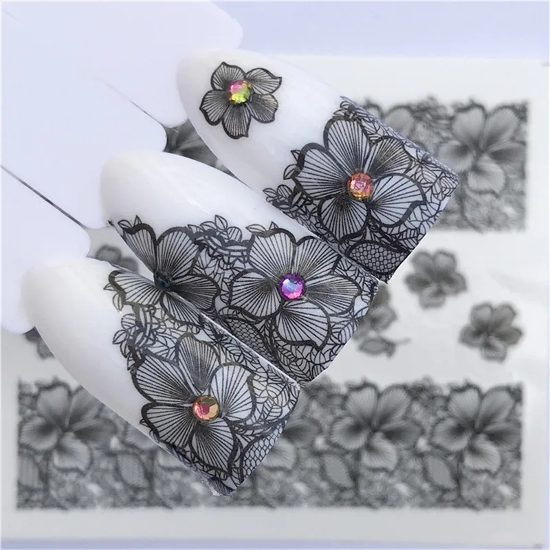 Black Sexy Lace Nail Art Water Transfer Nail Tips Decal Temporarily Tattoo Watermark Sticker Decor Tool 1 Sheet