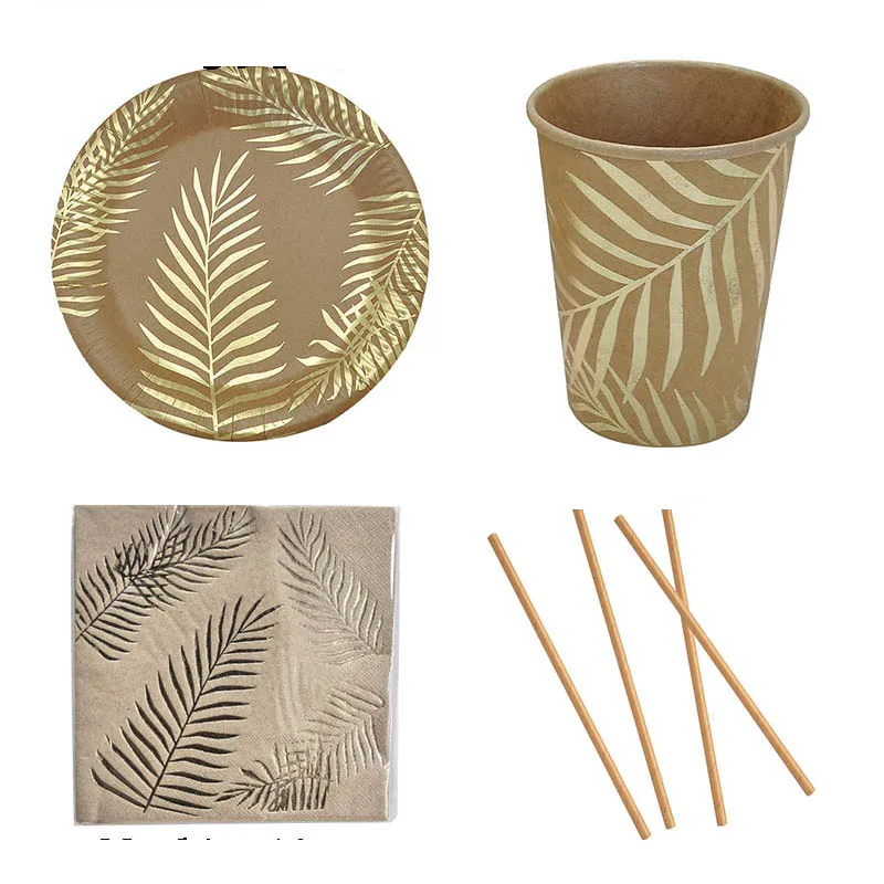 

57pcs/set Gold Foil Disposable Tableware Napkin Tropical Palm Tree Leaves Paper Plates Cups Birthday Baby Shower Party Supplies