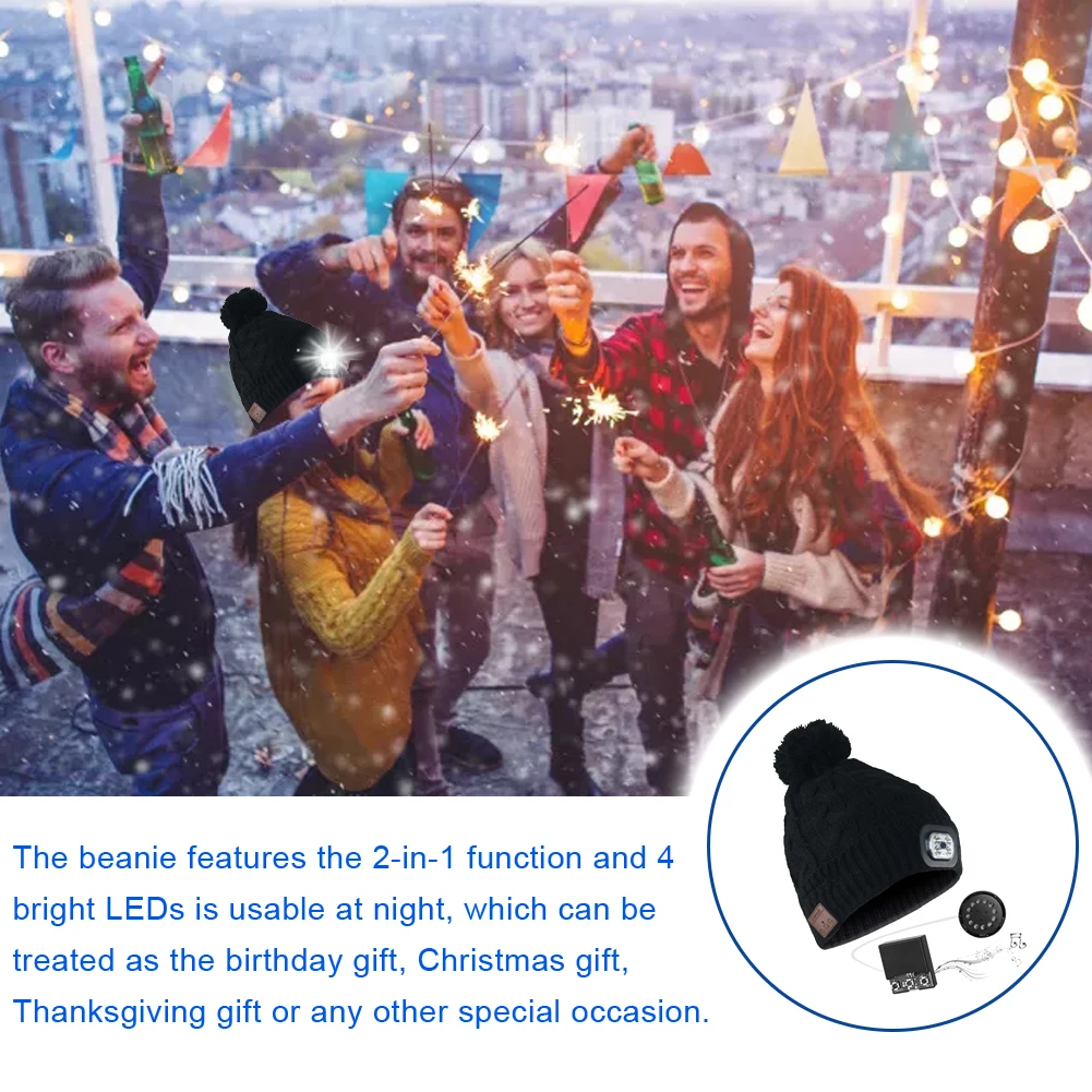 Wool Bluetooth LED Lamp Cap Warm Winter Wireless 5.0 Headphone Cap with LED Light Irradiation 40 Meters