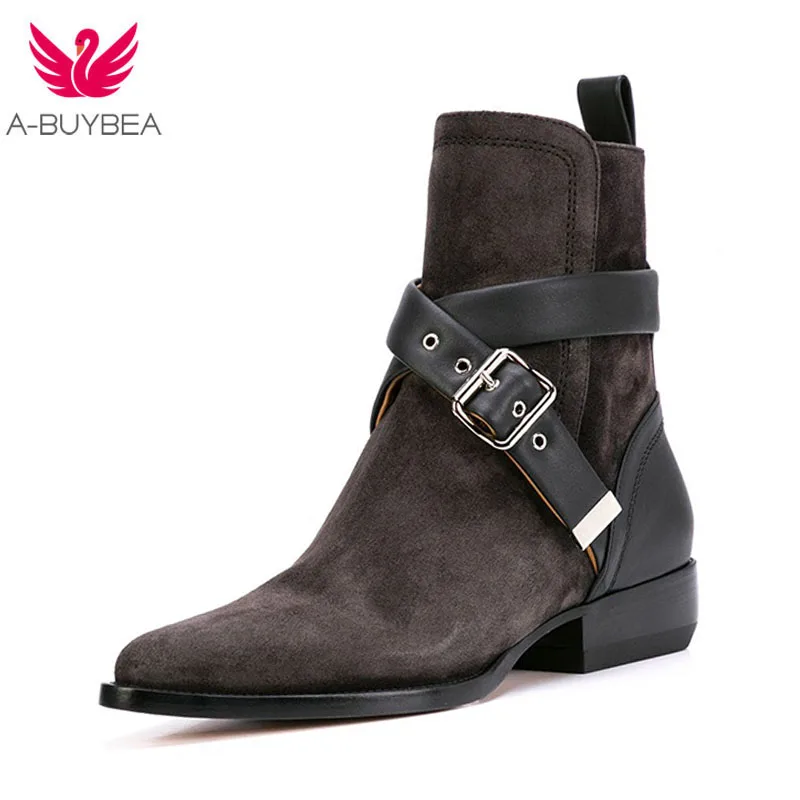 

2020 New Genuine Leather Cowboy Ankle Boots Women Fashion Buckle Designer Wedge High Heel Bootie Pointed Toe Western Short Boots