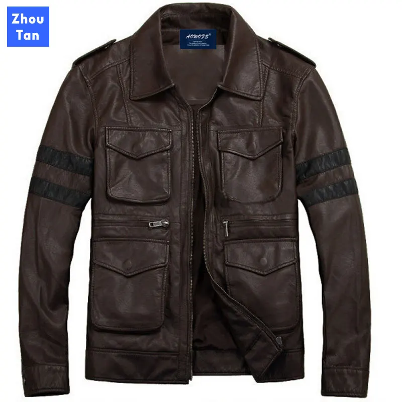 

Men leather jackets Turn-down collar Short Top quality PU Handsome Multi-pocket motorcycle leather jackets Black and Coffee