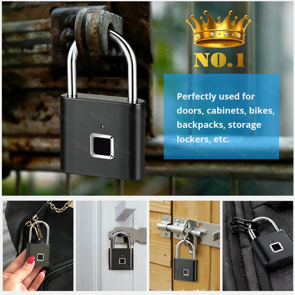 Towode 1/2Pcs Keyless USB Rechargeable Door Lock Fingerprint Smart Padlock Quick Unlock Zinc alloy Metal Self Developing Chip