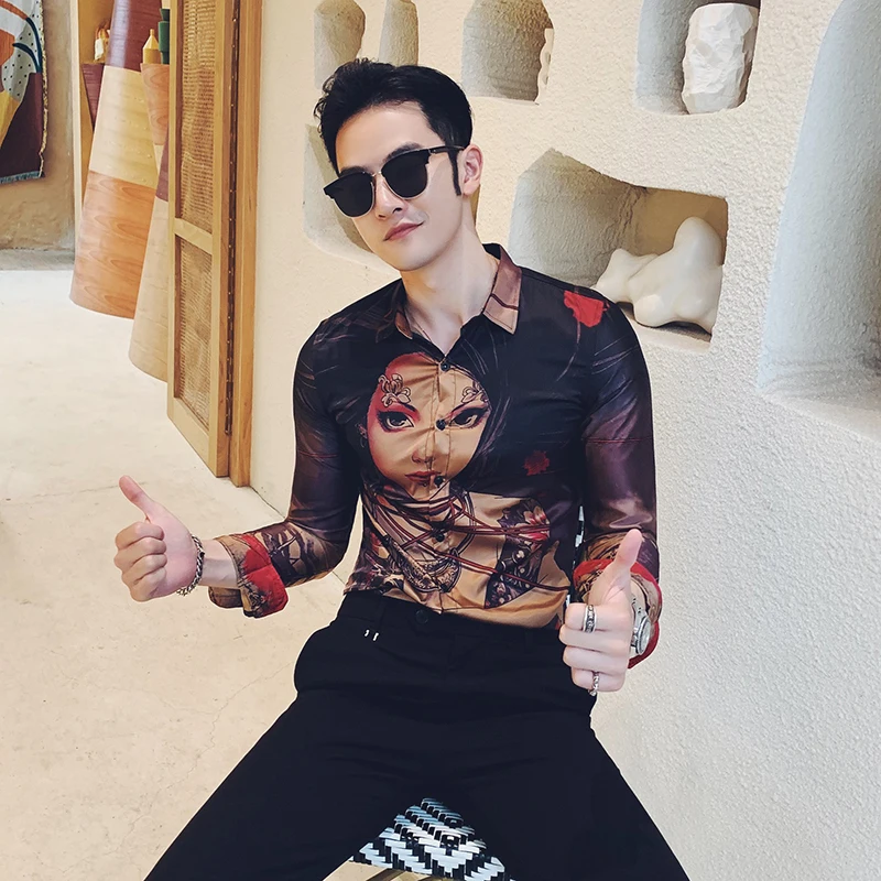 All Match Tuxedo Shirt Men Fashion Streetwear Beauty Print Mens Dress Shirts Long Sleeve Slim Fit Casual Men's Social Shirt 3XL
