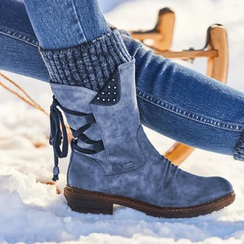 Women Winter Mid-Calf Boots Flock Winter Shoes Ladies Fashion Snow Boots Shoes Thigh High Suede Warm Botas Zapatos De Mujer 6