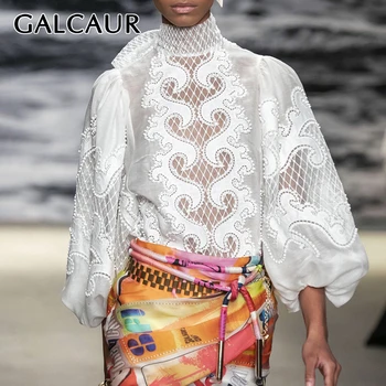 

VGH Perspective Patchwork Shirt For Women Turtleneck Lantern Long Sleeve Blouse Shirts Female 2020 Spring Fashion New Clothing