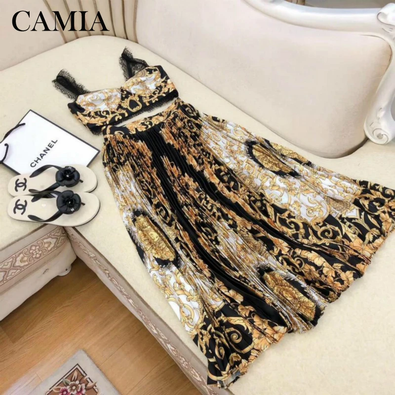 CAMIA/комплект из 2 предметов, кружевной бюстгальтер с запахом, Короткие топы на бретелях и длинная юбка с высокой талией и принтом, новинка, летнее пляжное платье, модная одежда