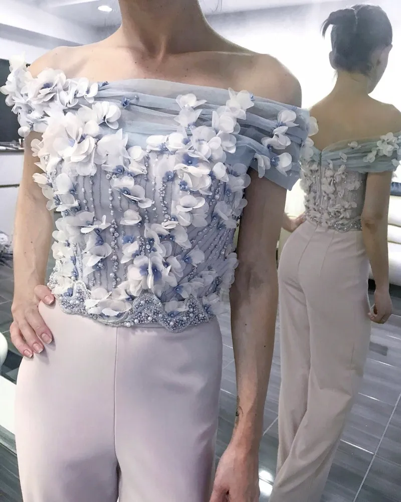 

2020 New Jumpsuits Prom Dresses Off The Shoulder Flower Appliqued Beads Arabic Long Formal Dress Evening Gowns Floor Length Robe De Soiree