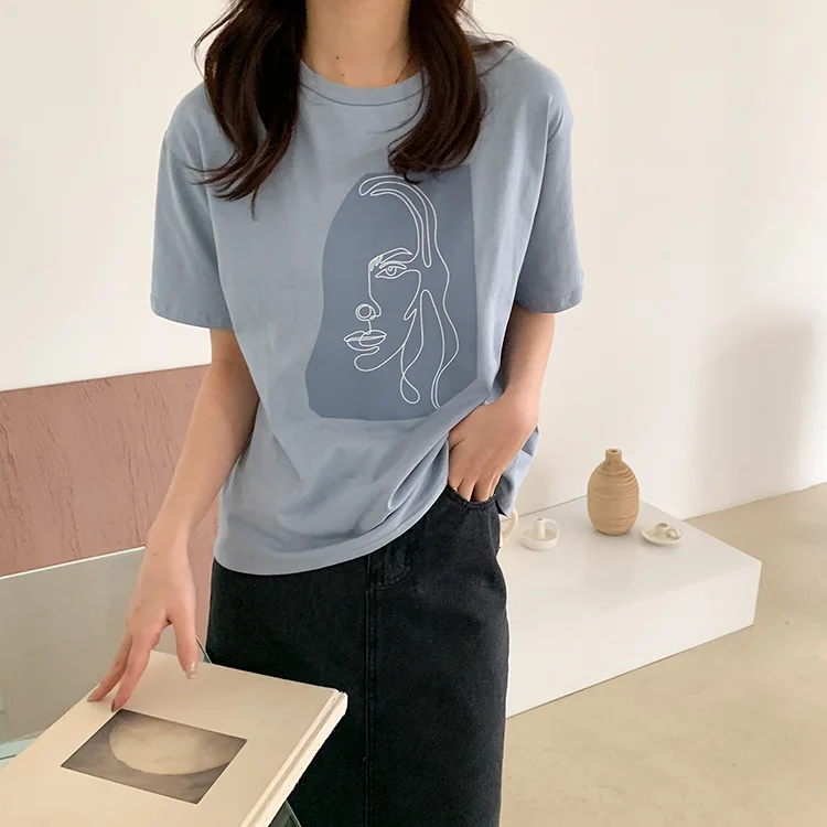 Abstract Print T-shirt Female Short Sleeve 2020 Summer New O-Neck Korean Women's Casual Tops Tees Harajuku