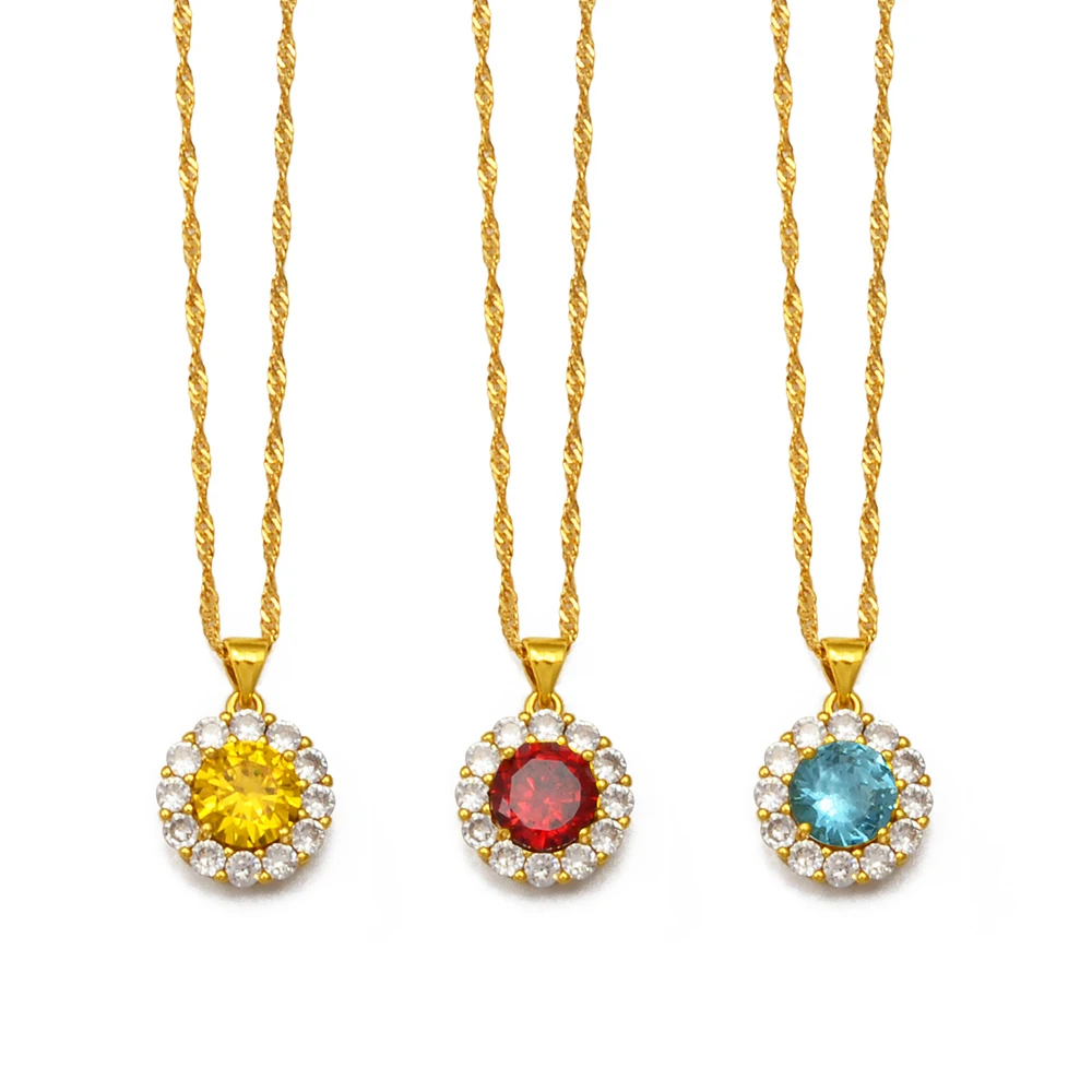 Anniyo Round Colorful Stone Necklaces Women Girls Crystal/Cubic Zirconia Charm Red Blue Yellow Pendant Chains Jewelry #201625 | Украшения и