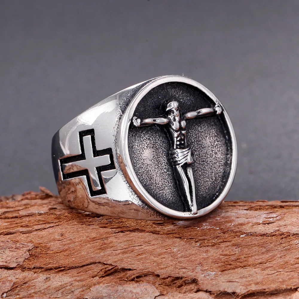 

316L Stainless Steel Men Rings Religion Christian Jesus Good Friday Ring Cross Ring Punk Rock for Male Boyfriend Jewelry Party