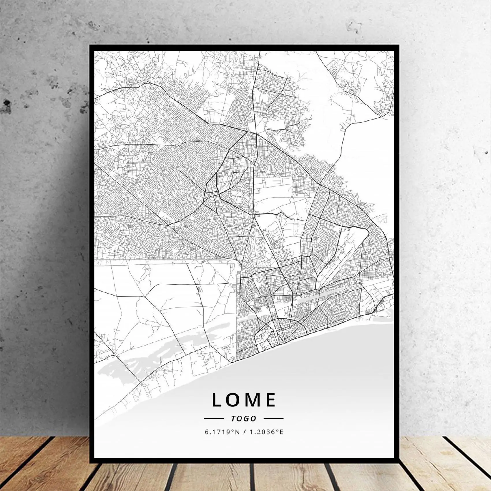 Zwart En Wit Lome Togo Latitude Longitude Canvas Art Kaart Poster