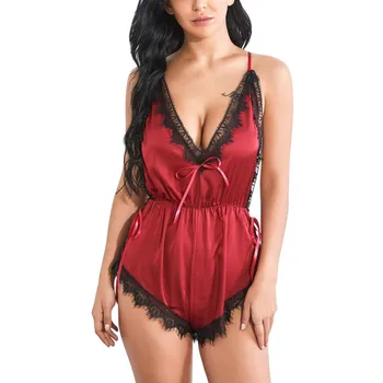 

Red Women Sleepwear Sexy Onesies Sleeveless V-Neck Lingerie Backless Lace Female Ladies Summer Sleepwear Onesies