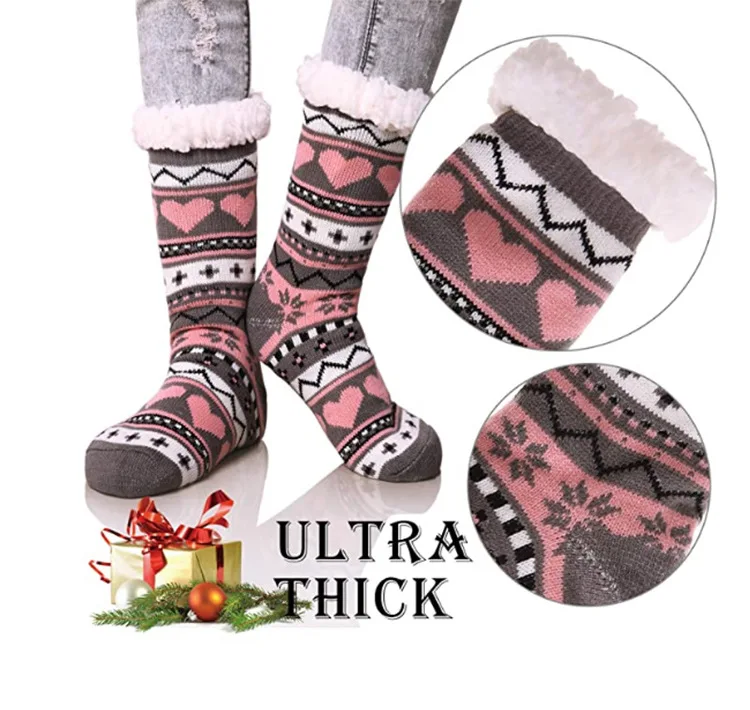 Chaussettes thermiques femmes hiver chaud en peluche doux femme  anti-dérapant Non maison courte poignée de sol chaussette floue moelleux  cerf wapiti chat noël