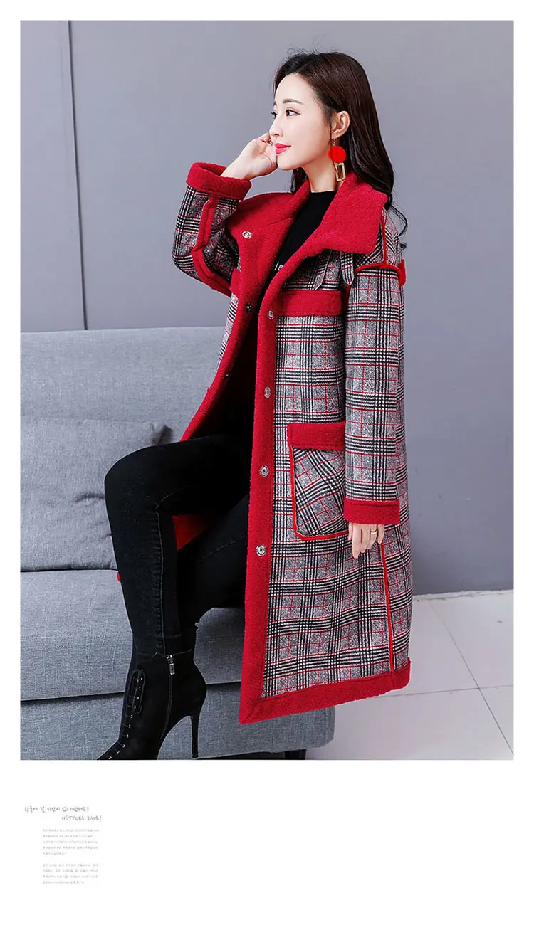 Новинка, шерстяное пальто с меховой подкладкой, женская осенняя и зимняя мода 2019, средней длины, Толстая теплая клетчатая шерсть