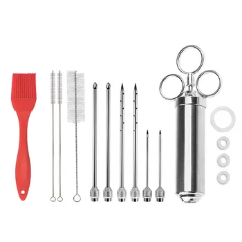 

2 Ounce Capacity with 6 Needles Silicone Brush Stainless Steel BBQ Injector Syringe, Marinade Meat Injector