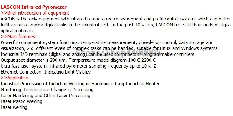 LASCON LPC03 Infrared Pyrometer 24VDC 5DC Maximum Power 5MW Wavelength 650nm