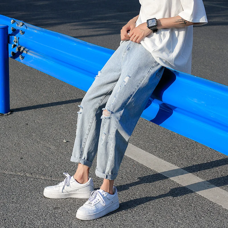 

FASHION Mens Blue Jeans Korean Broken Hole Vintage Straight Loose Pants Solid Cotton Washed Harajuku Jeans Casual Stree Men Jean