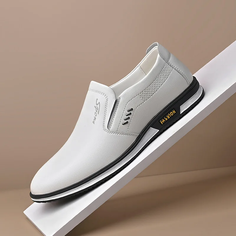 Zapatos casuales de cuero para hombre, zapatos informales de primavera e invierno, transpirables, de cuero británico, sin cordones, color blanco, 2021 - Imagen 3