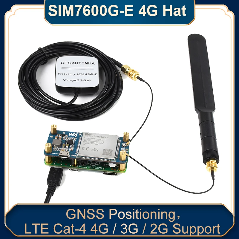 

Плата расширения Raspberry Pi 4 B Φ 4G Hat глобальная связь Многополосная Cat-4 4G / 3G / 2G с позиционированием GNSS