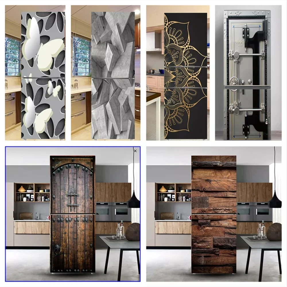 Retro-Wood-Grain-Refrigerator-Wrap-Freezer-Sticker-Butterfly-Art-Fridge