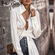 BerryGo сексуальная белая блузка с глубоким v-образным вырезом Элегантная короткая рубашка с длинным рукавом осенне-зимняя уличная мода с бантом однотонные офисные женские топы