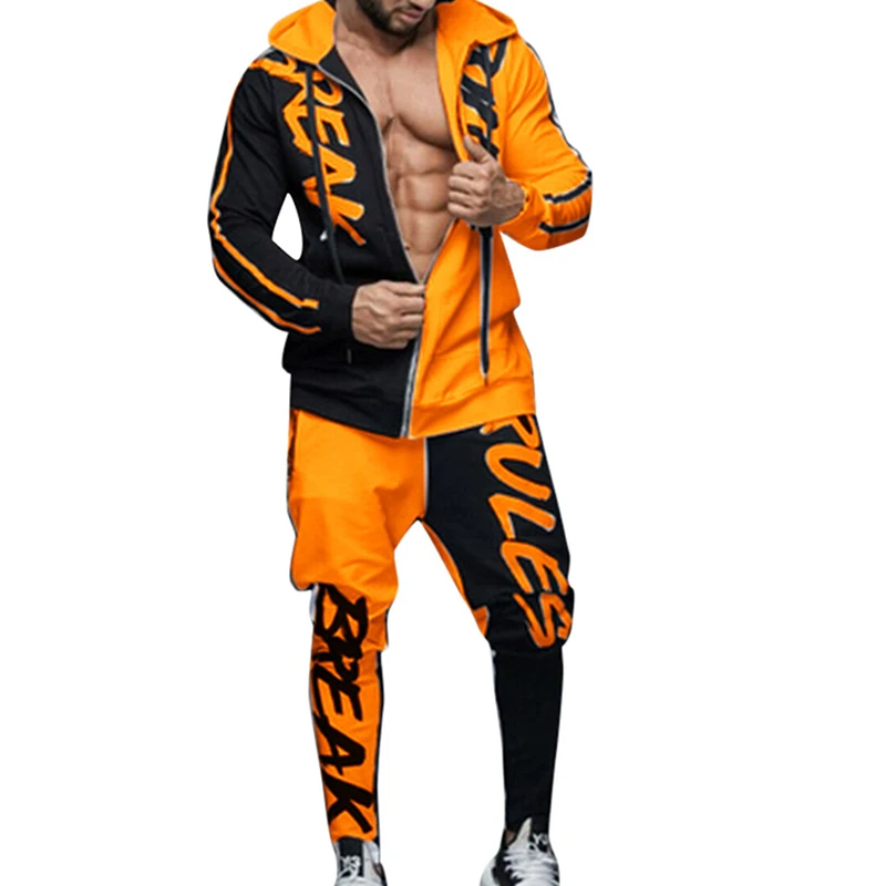 orange Мужские спортивные костюмы, модные хип-хоп кардиганы на молнии, куртки, пальто+ спортивные штаны для фитнеса, мужская повседневная Осенняя спортивная одежда - Цвет: orange