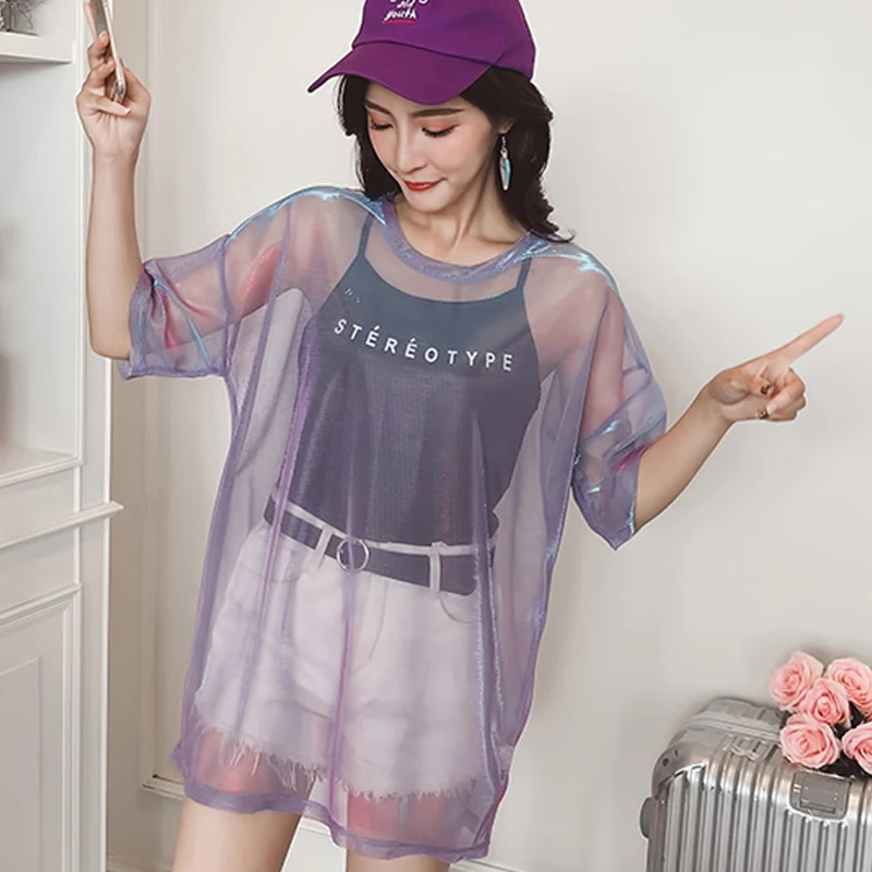 

Fashion Hollow Out T Shirt Women Sexy Transparent Summer Tops Ladies Short Sleeve Loose Two set T-Shirts Women Tee Shirt