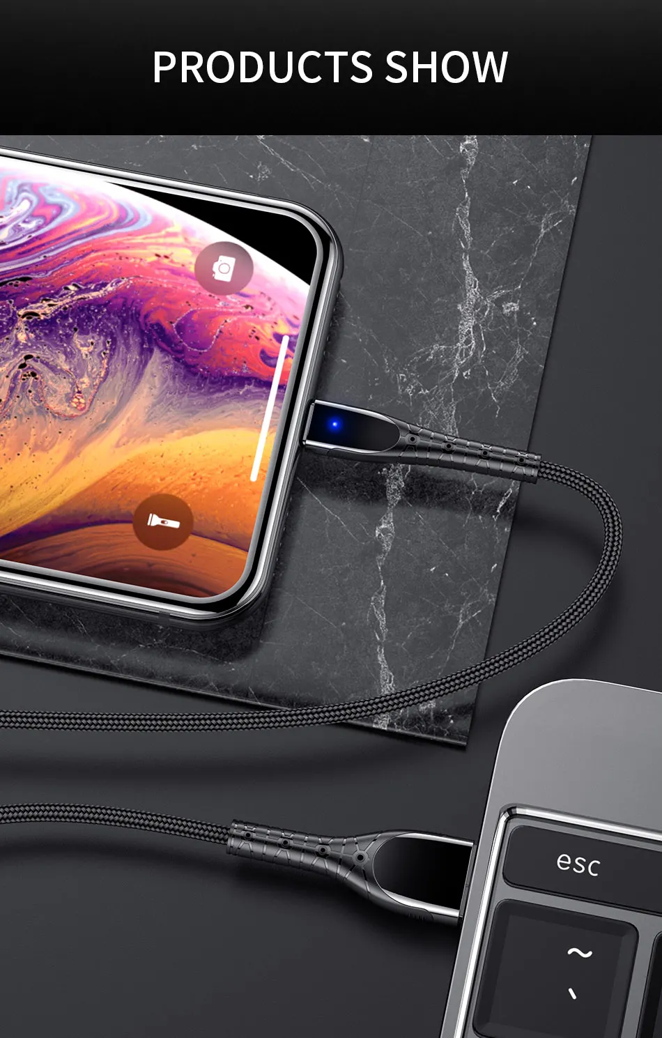 ROCK USB кабель для iPhone XR X Быстрая зарядка светодиодный индикатор зарядки и передачи данных нейлоновый плетеный кабель для iPad iPhone 8 7 6Plus